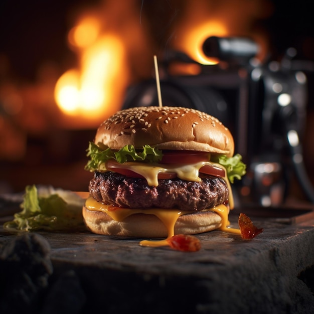 Photo hamburger on a black background with smoke closeup