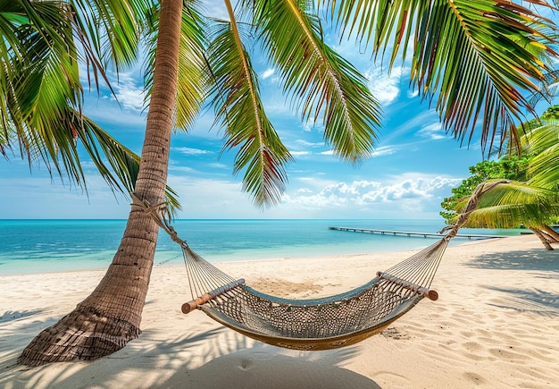 Photo of a hammock swing is on a summer beach with palm trees