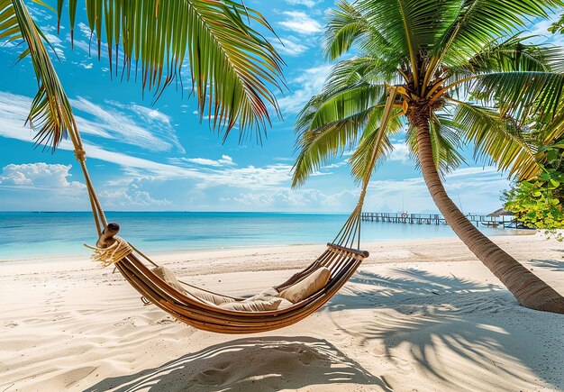 Photo of a hammock swing is on a summer beach with palm trees