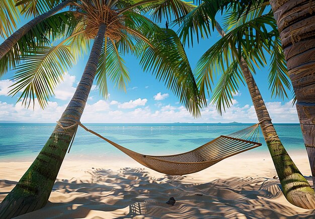 Photo of a hammock swing is on a summer beach with palm trees