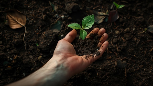 A photo of a hand with soil on it and the sprout of a small bean plant