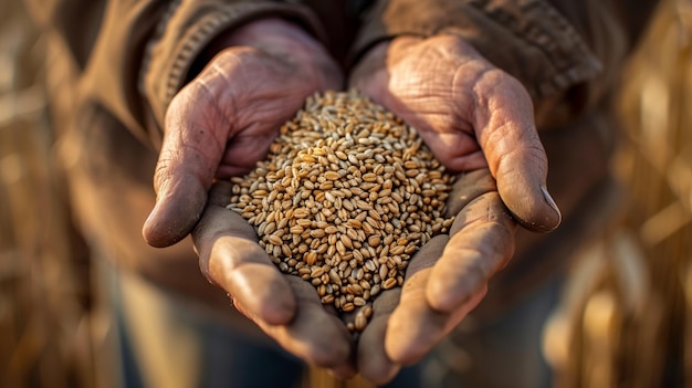 Photo of hands holding grains focus on the texture and color of wheat