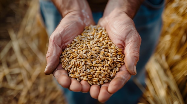 Photo of hands holding grains focus on the texture and color of wheat