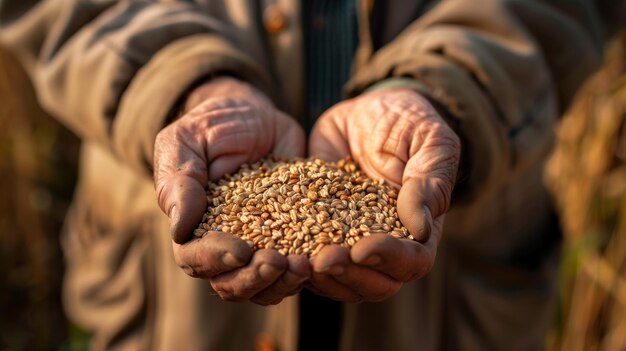 Photo of hands holding grains focus on the texture and color of wheat