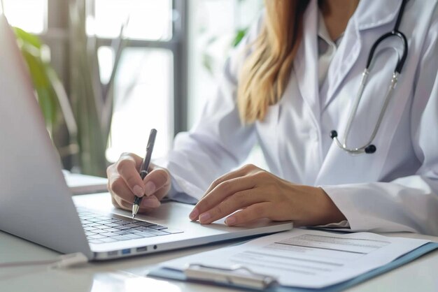 photo hands of unrecognizable female doctor writing on form and typing on laptop keyboard