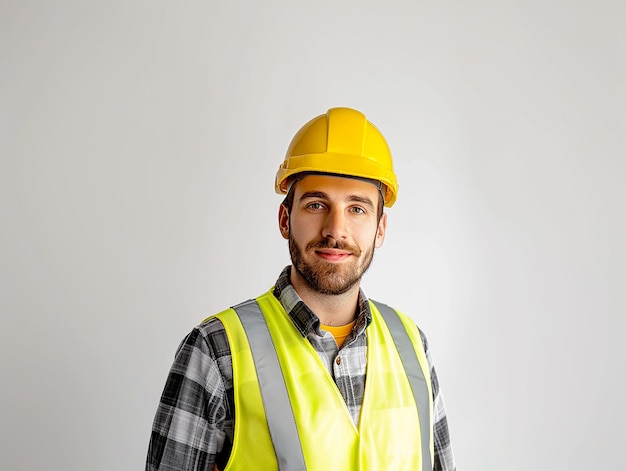 Photo photo of a handsome 30 years old construction worker with yellow helmet and yellow vest clean