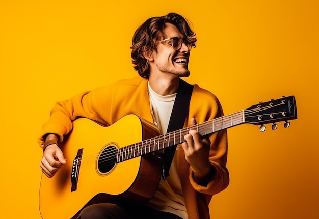 Photo of handsome boy man playing guitar