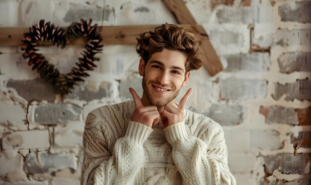 Photo photo handsome man makes love sign expresses tender feelings healthy skin wears sweater has romantic