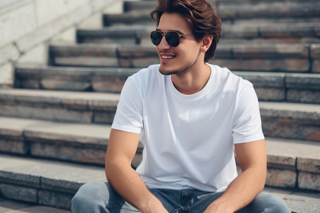 Photo of a handsome man in sunglasses and a white tshirt sitting on some steps