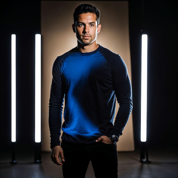 photo of handsome man with blue light on black background generative AI