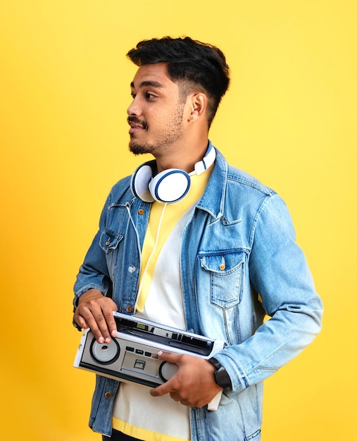 photo Handsome young man wearing jeans jacket holding boombox on yellow background