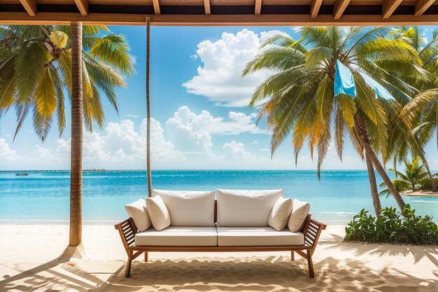 Photo hanging sofa on sand beach with palm and seaview