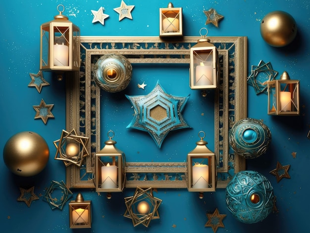 Photo of Hanukkah celebration on blue background with golden and turquoise lanterns and frame for text