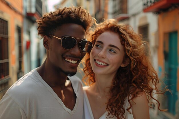 Photo of happy african american man wearing sunglasses and white woman with curly red hair in the st