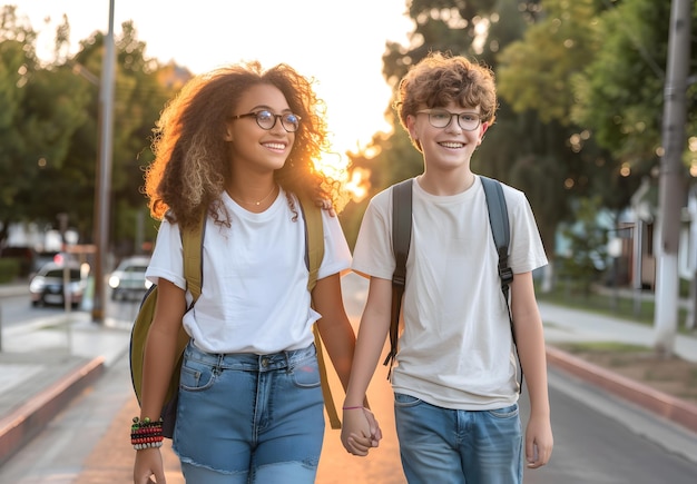 photo of a happy African American woman holding hands with a cute Caucasian boy