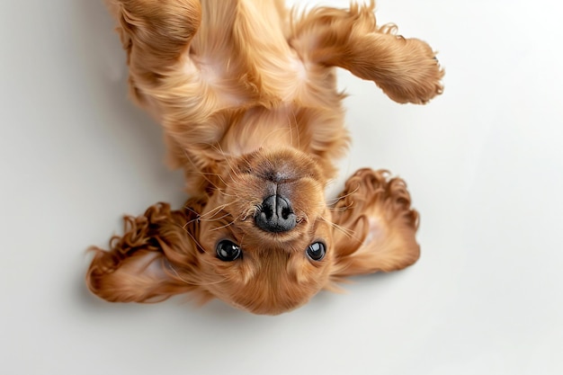 Photo of happy brown cocker spaniel puppy hanging upside down on white background view from above