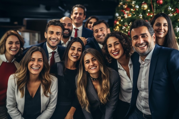 A photo of happy business people celebrating Christmas at work