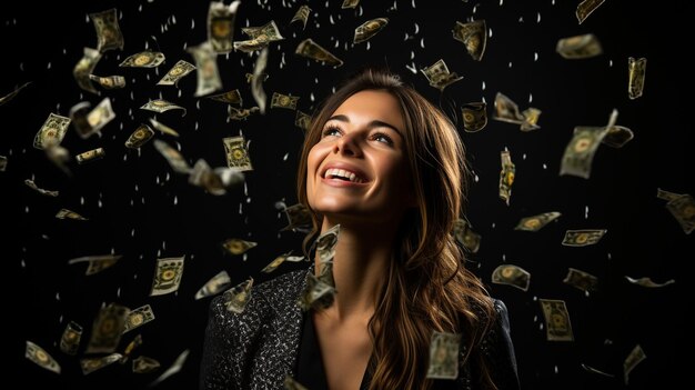 photo happy business woman under a money rain made of dollars isolated