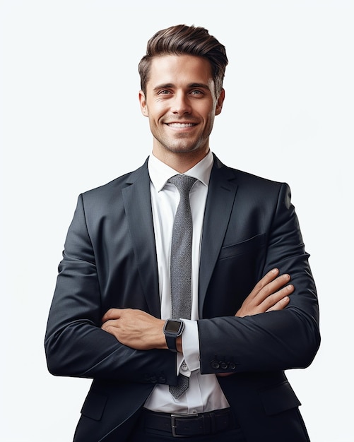 Photo happy businessman standing with arms crossed isolated on white background