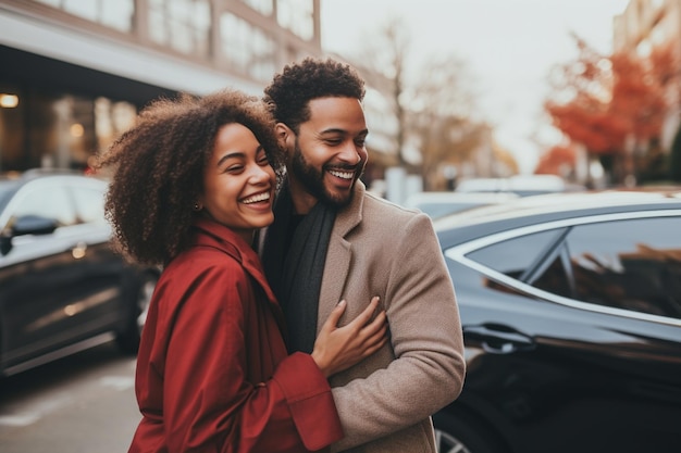 Photo of happy couple in front of their car