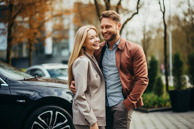 Photo of happy couple in front of their car