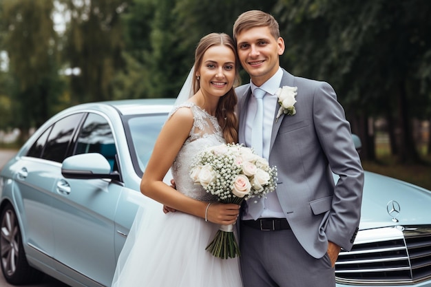 Photo of happy couple in front of their car