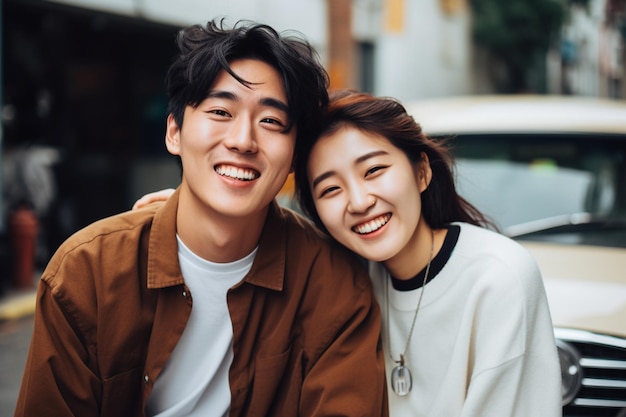 Photo of happy couple in front of their car