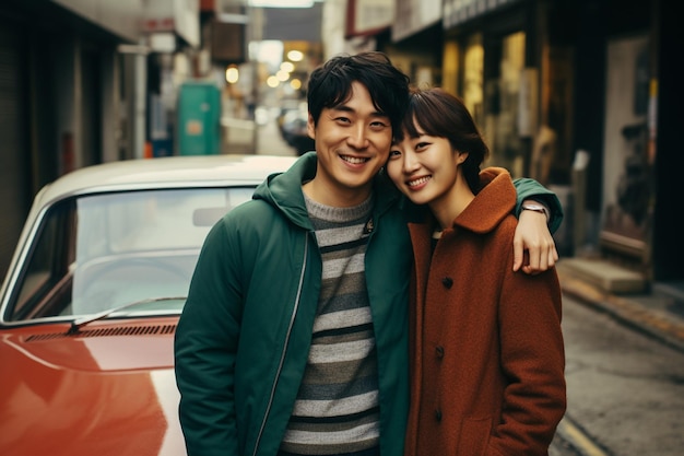 Photo of happy couple in front of their car