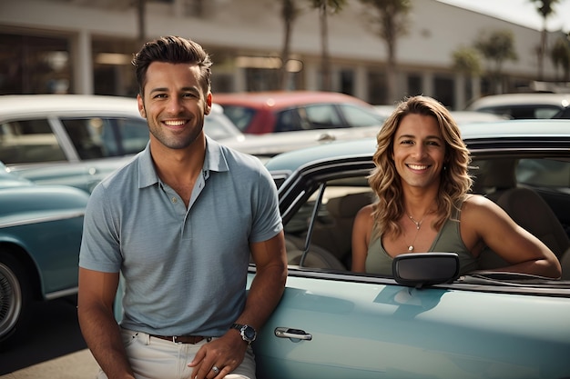 A photo of happy customers with their rented cars