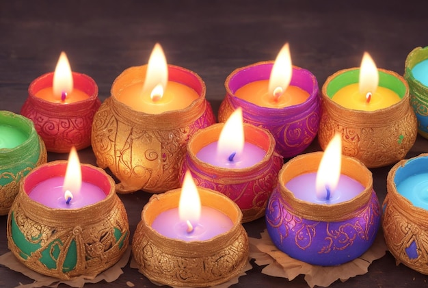 Photo happy Diwali clay diya lamps lit durings diwali hindu festival of lights celebration colorful