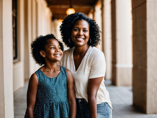 photo of happy family black mother and daughter generative AI