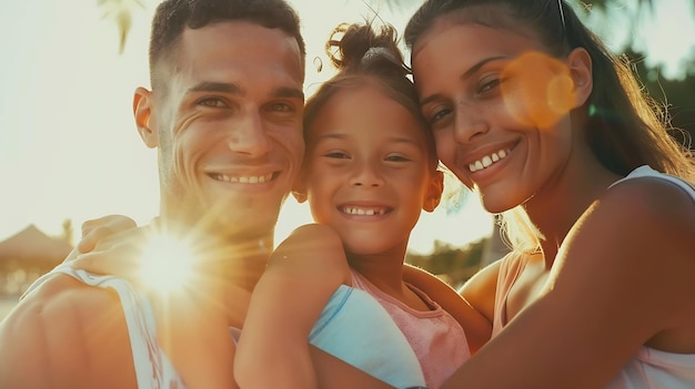 Photo of happy family looking at camera during summer vacation Generative AI