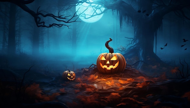 Photo happy halloween day with Spooky evil face pumpkin background