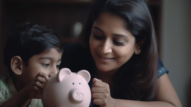 Photo of happy Indian kid and young mom saving money in a piggy bank