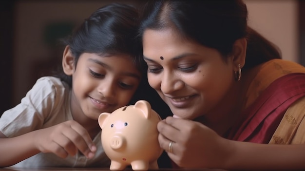 Photo of happy Indian kid and young mom saving money in a piggy bank