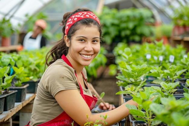 Photo of a happy Latin woman working in her garden center taking care of plants and trees with tools for handson work at her small business