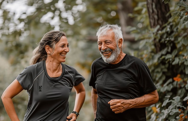 photo of happy senior man and woman running in park