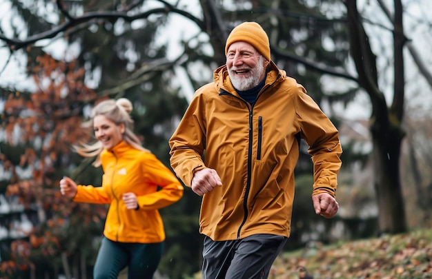 photo of happy senior man and woman running in park