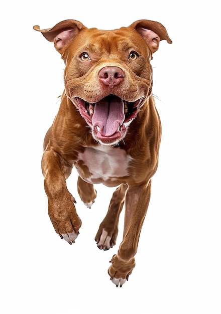 Photo of a happy smiling brown and white pitbull with paws up in the air standing on its hind legs