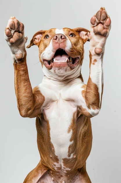 Photo of a happy smiling brown and white pitbull with paws up in the air standing on its hind legs