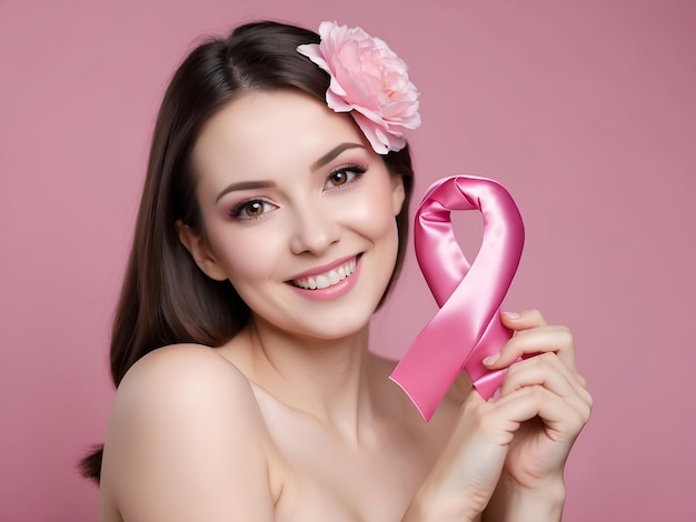 photo of happy smiling woman portrait breast cancer day concept