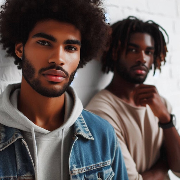 Photo of happy two young african men friends walking outdoors talking with each other