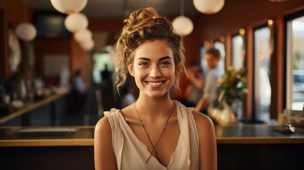 Photo happy woman standing at doorway of her coffee shop generated by AI