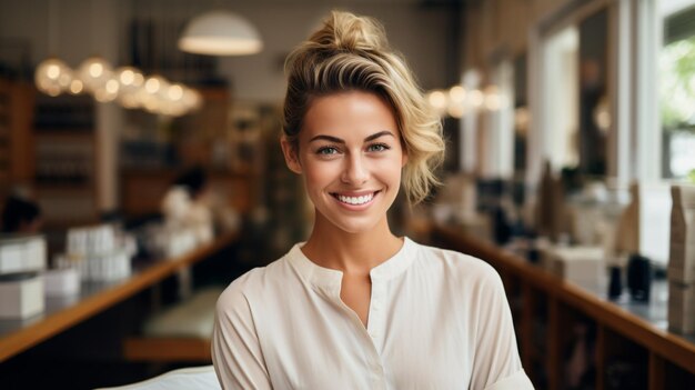 Photo happy woman standing at doorway of her coffee shop generated by AI