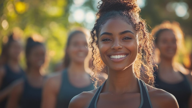 A photo of a happy young woman smiling outdoors in a group She is wearing a sports