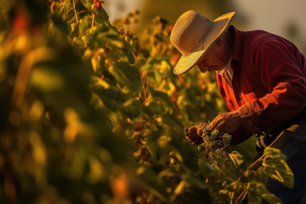 Photo of a hardworking farm laborer in a sunlit field tending to the crops Generative AI