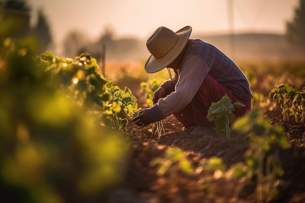 Photo of a hardworking farm laborer in a sunlit field tending to the crops Generative AI