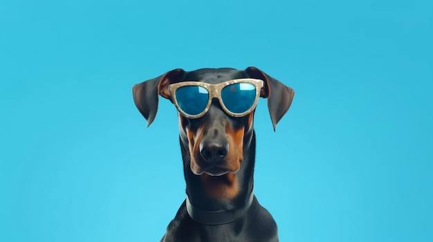 Photo of haughty dog wearing glasses and office suit on blue background