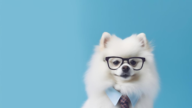 Photo of haughty Pomeranian wearing glasses and office suit on blue background