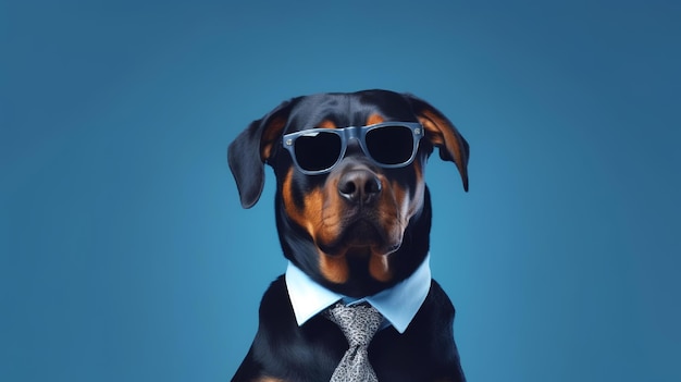 Photo of haughty Rottweiler wearing glasses and office suit on blue background